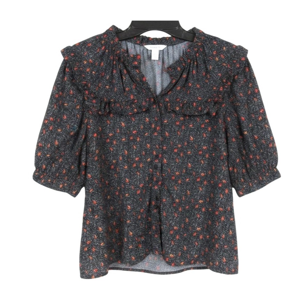 THE SHIRT Rochelle Behrens BLACK w/RED FLORAL POLKA-DOTS Ruffle PUFF SLEEVES M